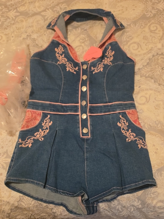 Dolls Kill Pants - Dolls Kill Denim Romper with Pink Embroidery